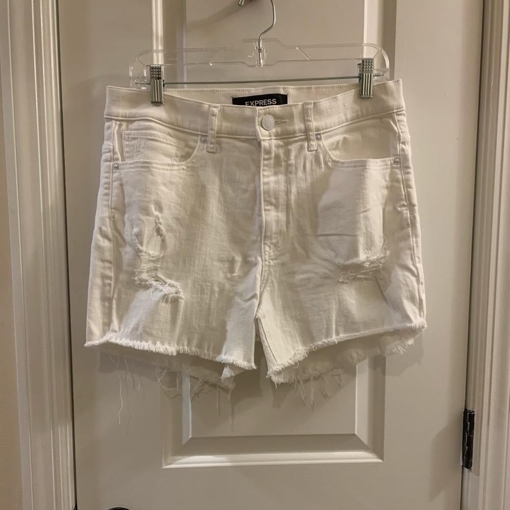 Express distressed high rise jean shorts